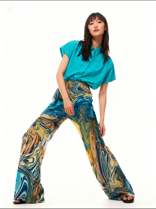 SHEIN Pants - Wide-Leg Marble Print Pants in Teal and Multicolor